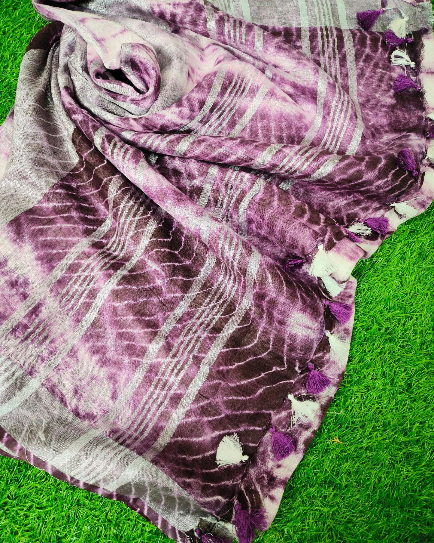 Linen Shibori Hand Dyed Saree Dark Purple Color with Blouse-Indiehaat