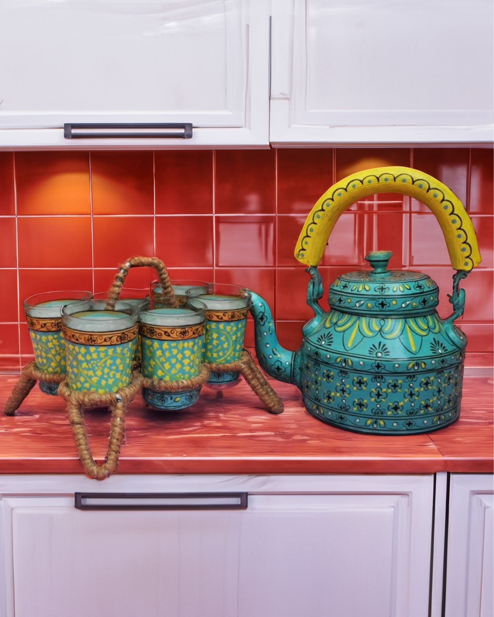 Hand Painted Green Colour Aluminium Tea Kettle With Jute Stands And 6 hand-painted-green-colour-aluminium-tea-kettle-with-jute-stands-and-6