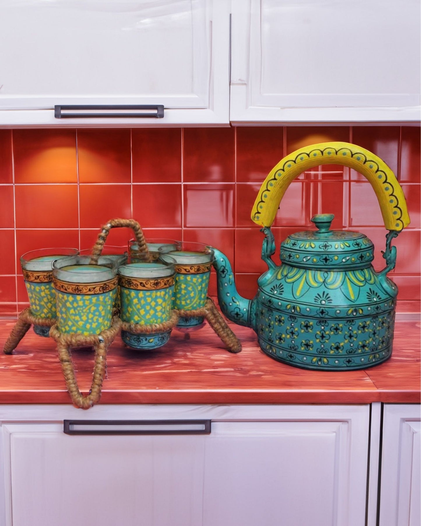 8368-Hand Painted Green colour Aluminium Tea Kettle With Jute Stands And 6 Glasses