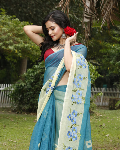Vibrant Bandhej Kota Doria Embroidery Blue Saree Handdyed