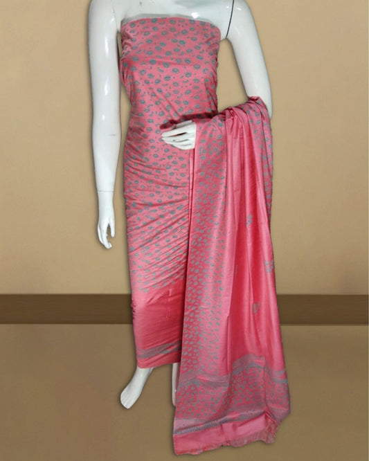 2240-Katan Silk Suit Piece with Bottom and Dupatta Floral Handblock Print