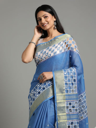 Lively Pure Linen Hand Cutwork Design Blue Saree