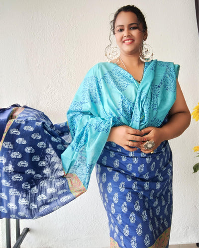 Katan Silk Decorous Blockprint Blue & Green Suit
