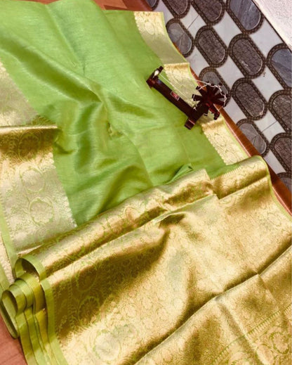 Joyful Banarasi Silk Linen Green Handloom Saree