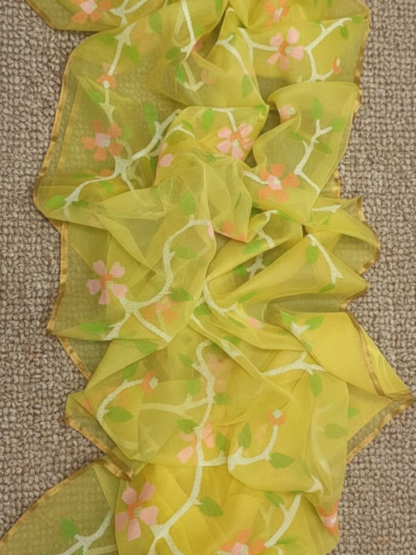 Indiehaat | Pure Muslin Silk Jamdani Saree Yellow