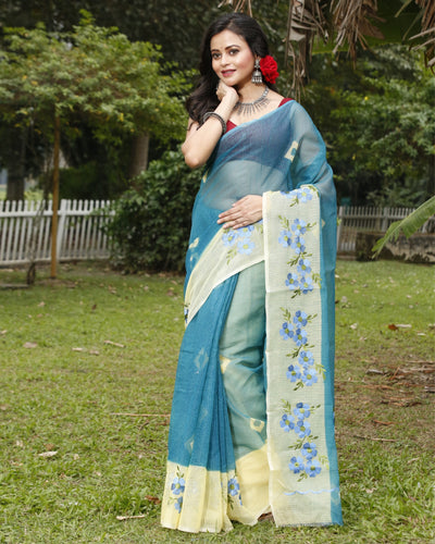 Vibrant Bandhej Kota Doria Embroidery Blue Saree Handdyed