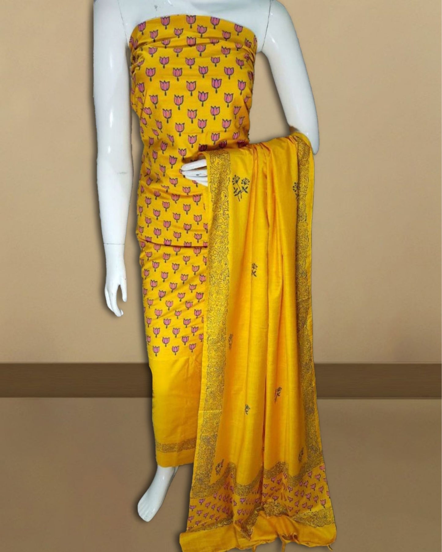 9084-Yellow Katan Silk Suit Piece with Bottom and Dupatta Floral Handblock Print