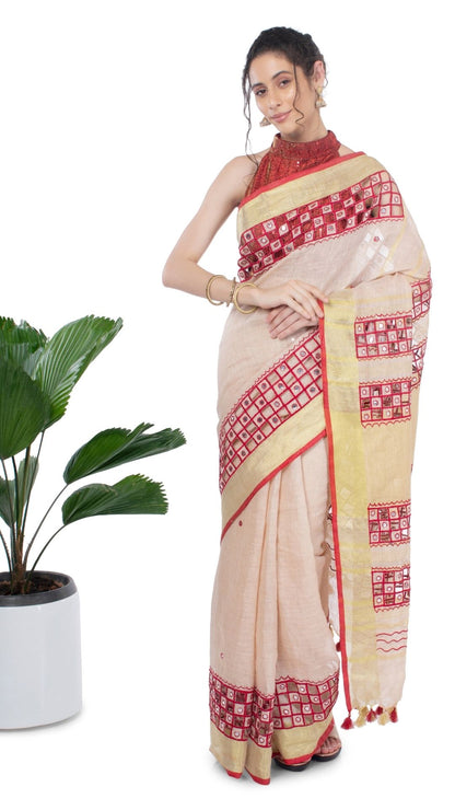 5072-Pure Linen Hand Cutwork Design Red Saree with Running Blouse