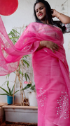 Kota Doria Embroidery Pink Saree with blouse Handcrafted-Indiehaat