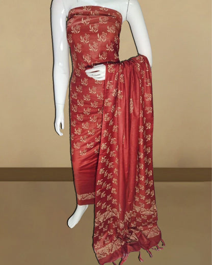 1019-Red Katan Silk Suit Piece with Bottom and Dupatta Floral Handblock Print