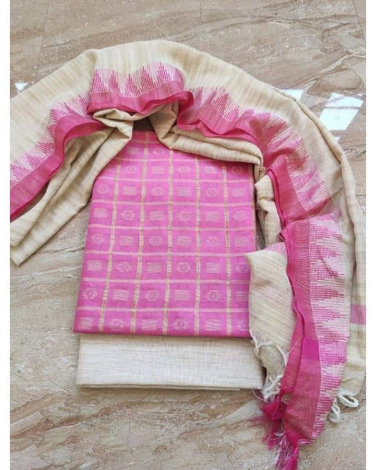 7075-Handcrafted Khadi Cotton Weaving Design Persian Pink  Suit Piece with Bottom and Dupatta