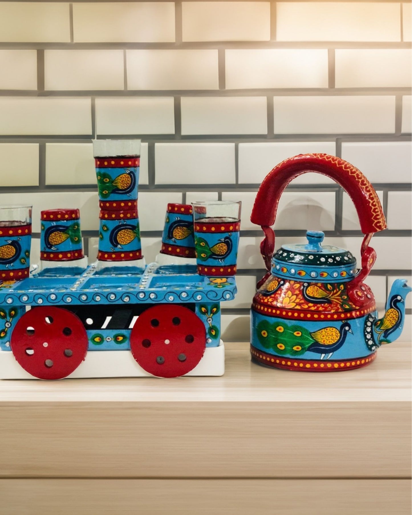 2112-Hand Painted Blue Multi  coloured Aluminium Tea Kettle With 6 Glasses And Wooden Kart