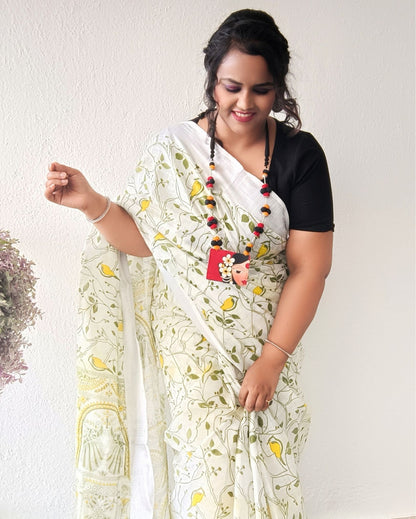 Fresh Slub Linen Batik Print Saree White & Green