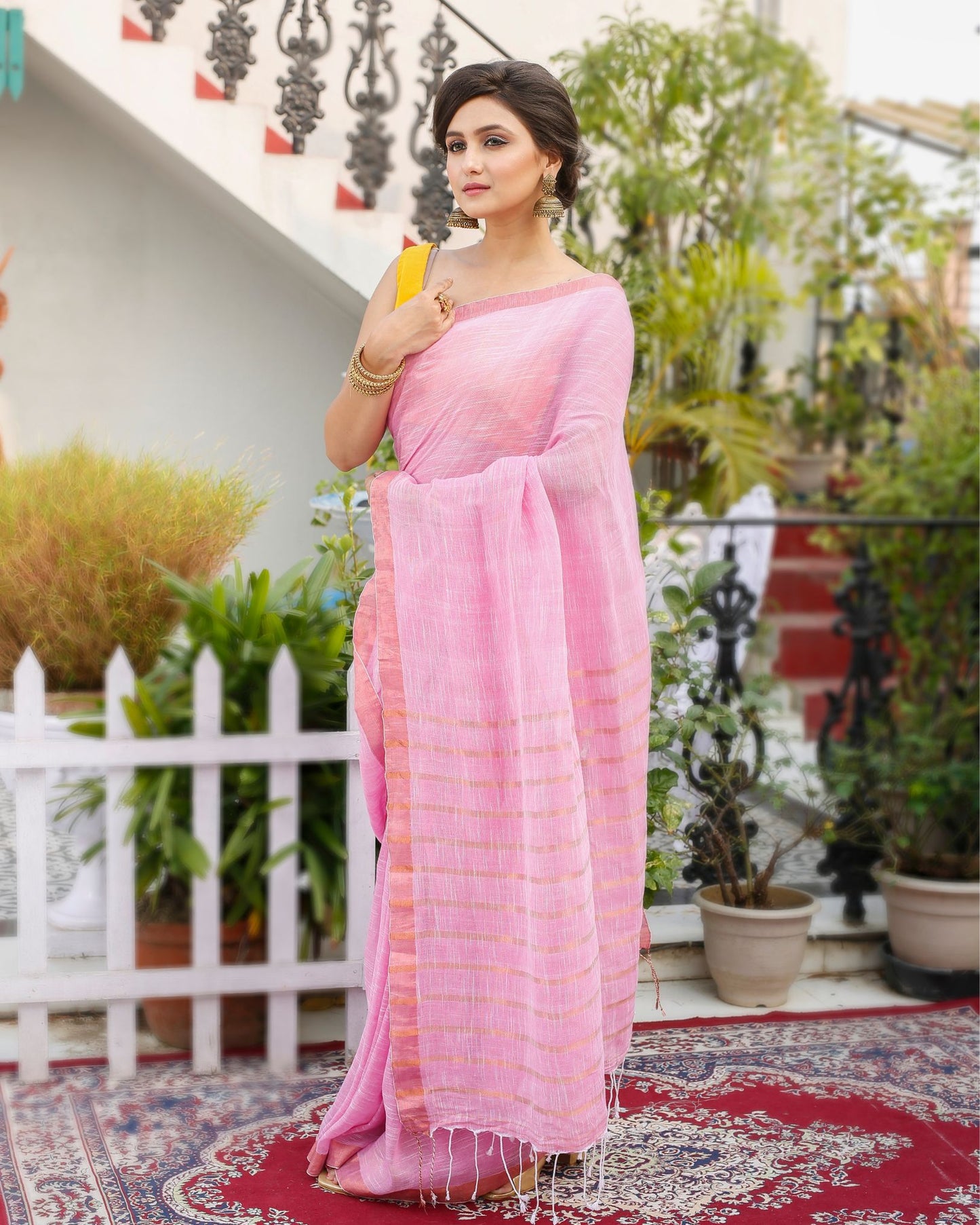Pure Linen Pink Handloom Saree Striped Pallu