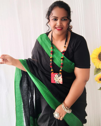 8679-Handwoven Pure Linen Black Saree with Blouse