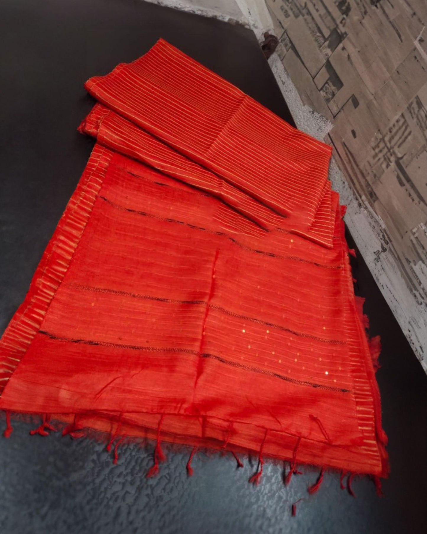 Striped Katan Silk Saree Orange Handcrafted