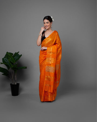 9864-Handcrafted Kota Silk Orange Color Saree Jacquard Weaves with Running Blouse