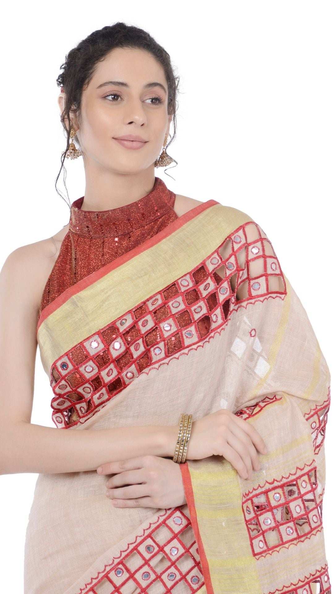 5072-Pure Linen Hand Cutwork Design Red Saree with Running Blouse