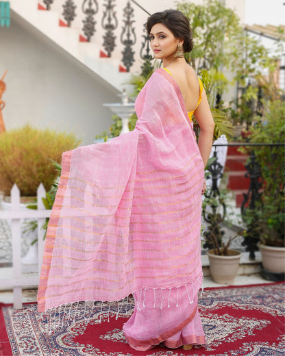 3112-Pure Linen Pink Saree Contrast Striped Pallu With Running Blouse