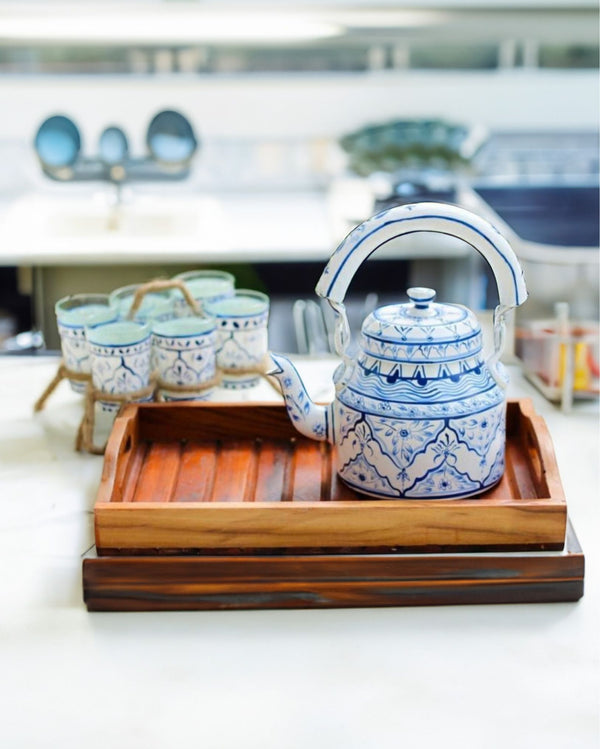 Hand Painted Blue Colour Aluminium Tea Kettle With Jute Stands And 6 hand-painted-blue-colour-aluminium-tea-kettle-with-jute-stands-and-6