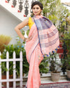 Pure Linen Floral Embroidered Peach color Saree with Embroidered Blouse-Indiehaat