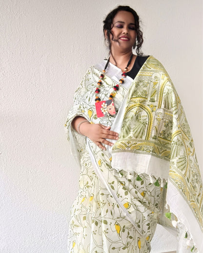 Fresh Slub Linen Batik Print Saree White & Green