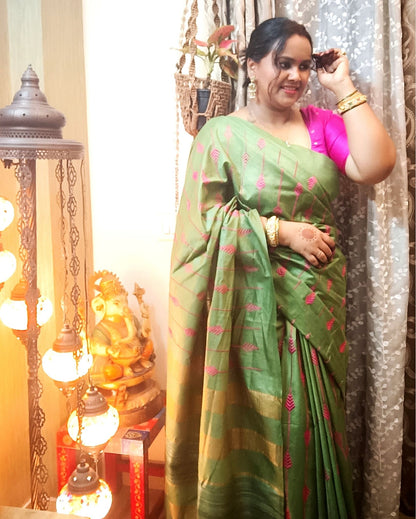 Silkmark Certified Eri Silk Embroidered Green Saree with Running Blouse-Indiehaat