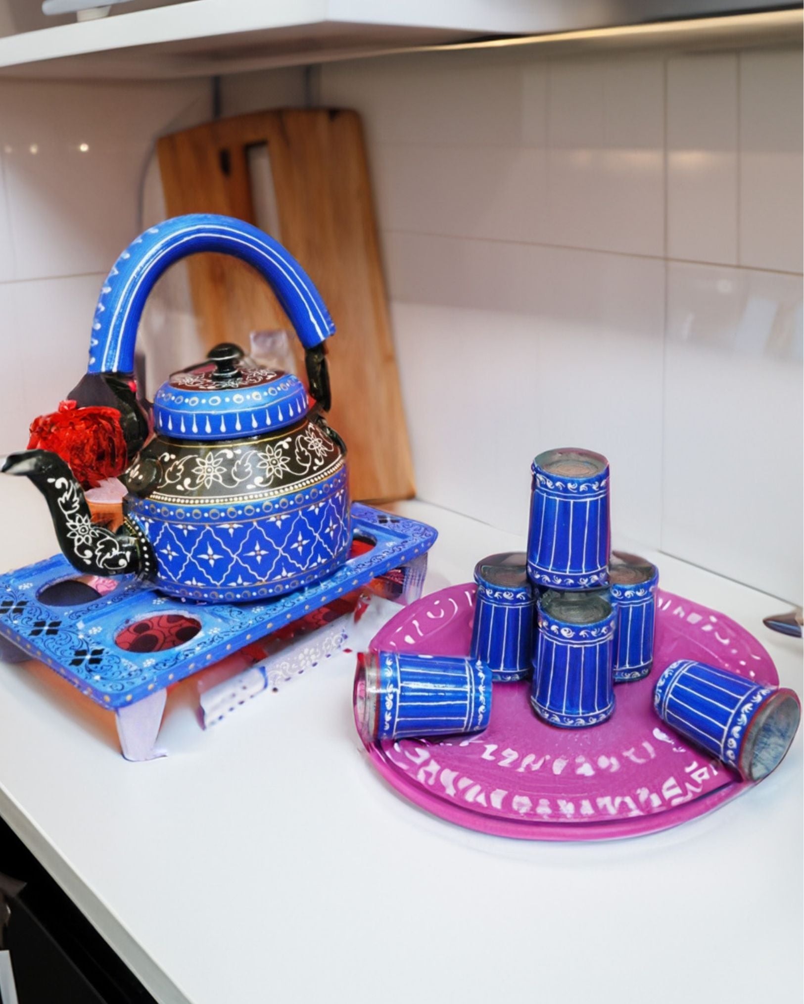 Hand Painted Blue Coloured Aluminium Tea Kettle With 6 Glasses And hand-painted-blue-coloured-aluminium-tea-kettle-with-6-glasses-and