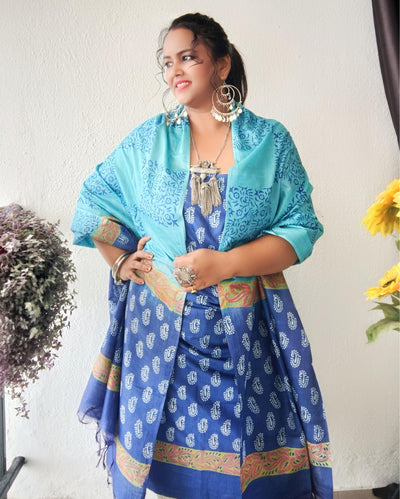 Katan Silk Decorous Blockprint Blue & Green Suit