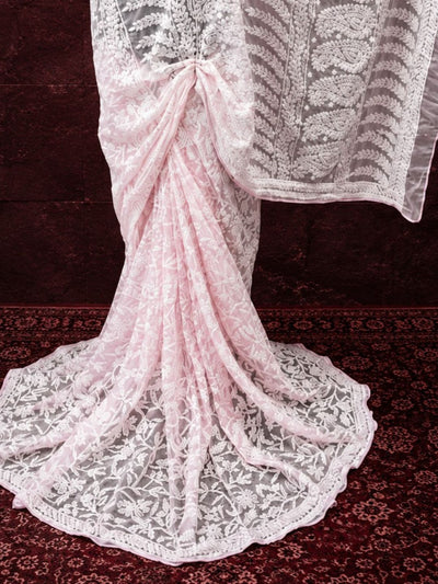 Indiehaat | Pink Georgette Chikankari Saree | Lucknowi