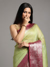 Silk Linen Banarasi Brocade Weaving Handloom Olive Green Saree with Blouse-Indiehaat