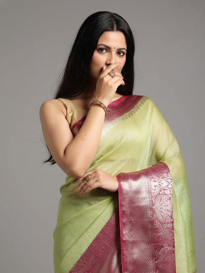 Silk Linen Banarasi Brocade Weaving Handloom Olive Green Saree with Blouse-Indiehaat