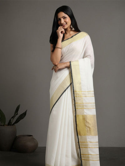Lively Handwoven Pure Linen White Saree