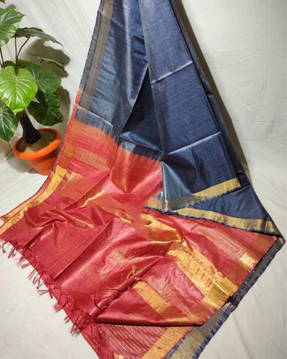 Handcrafted Kota Silk Blue & Red Saree