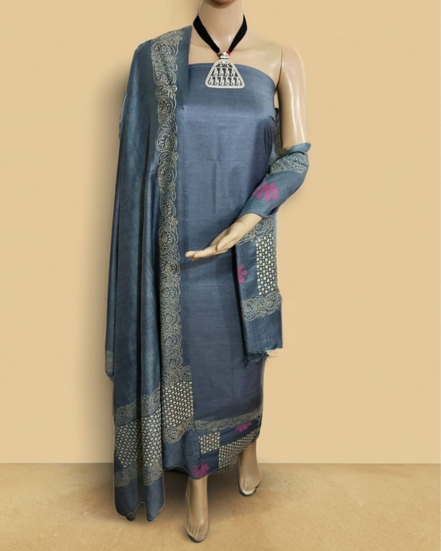 3764-Katan Silk Printed Suit Piece Metallic Blue Color with Bottom and Dupatta Handcrafted