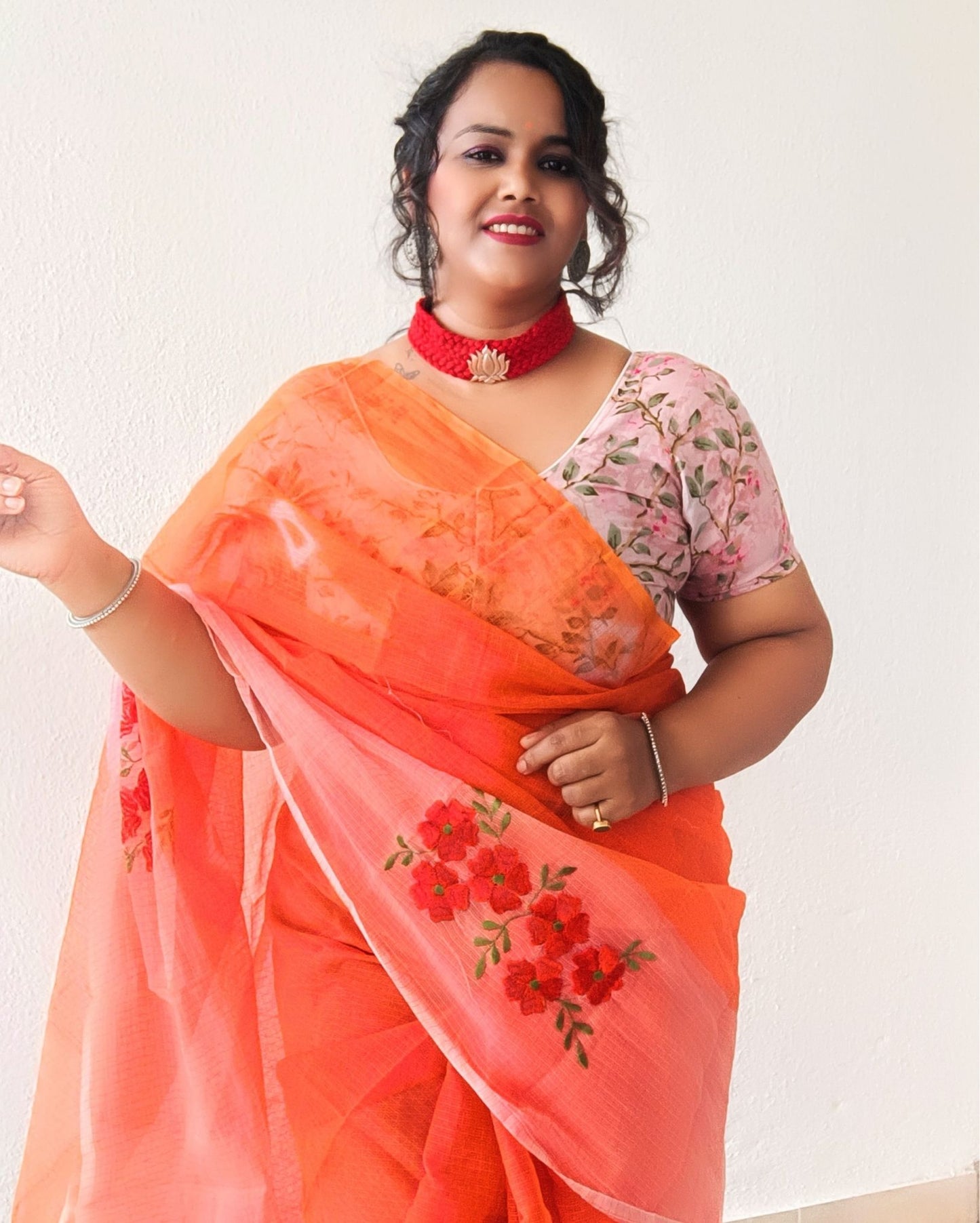 6479-Kota Doria Bandhej and Embroidery Work Saree Orange Color With Blouse Handcrafted