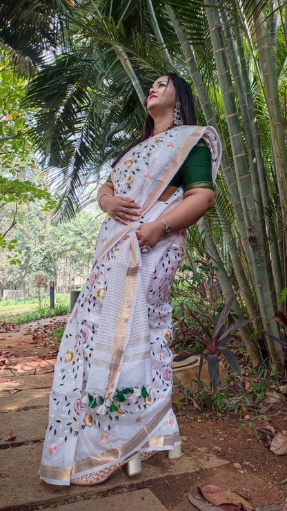 Silk Linen Embroidered Handloom Saree White With Blouse-Indiehaat