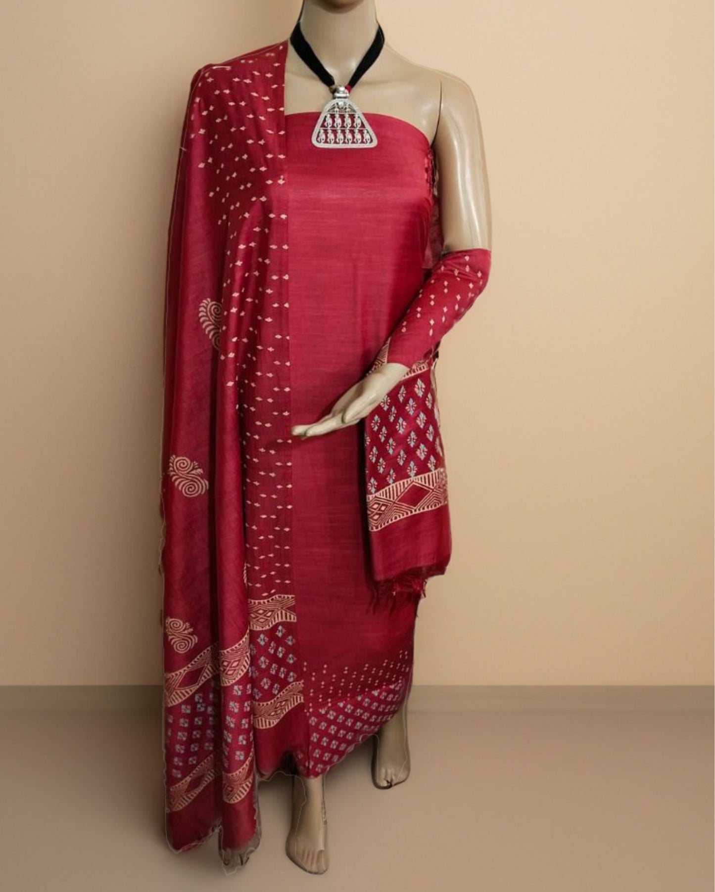 8050-Katan Silk Printed Suit Piece Berry Red Color with Bottom and Dupatta Handcrafted