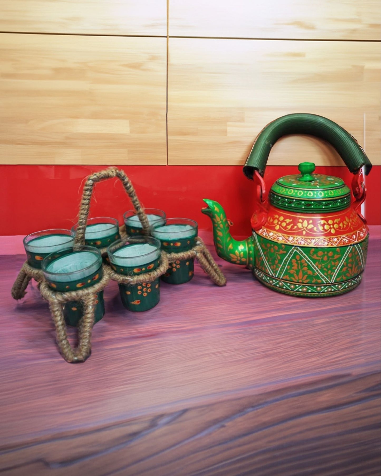 1911-Hand Painted Green colour Aluminium Tea Kettle With Jute Stands And 6 Glasses