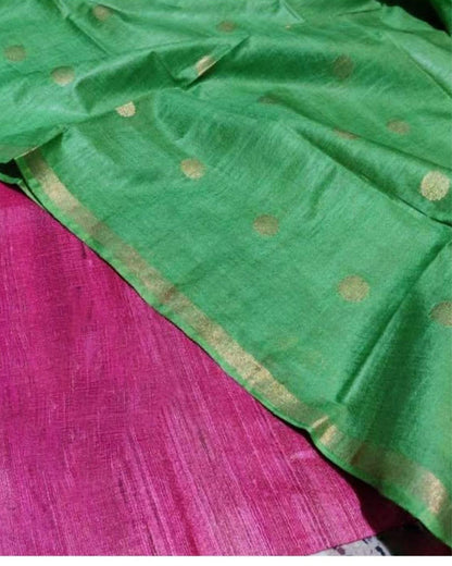 Silkmark Tussar Pink Top Katan Silk Green Dupatta