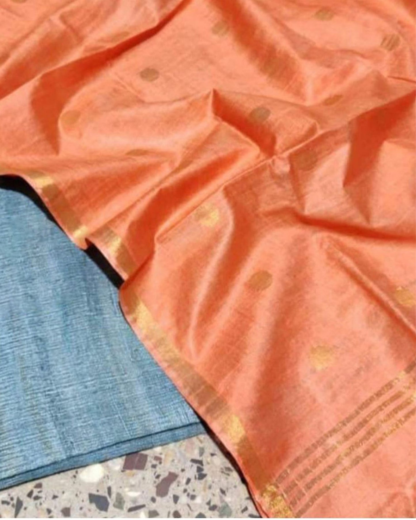1997-Handloom Pure Katan Silk Orange Dupatta Set with Blue Tussar Silk Top (Silkmark Certified)