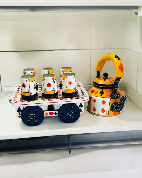Hand Painted Yellow Aluminium Tea Kettle With 6 Glasses And Wooden Kart hand-painted-yellow-aluminium-tea-kettle-with-6-glasses-and-wooden-kart
