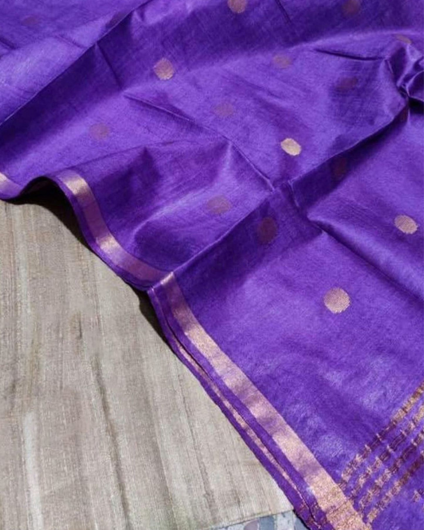 2358-Handloom Pure Katan Silk Purple Dupatta Set with Biege Tussar Silk Top (Silkmark Certified)