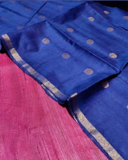1113-Handloom Pure Katan Silk Blue Dupatta Set with Pink Tussar Silk Top (Silkmark Certified)