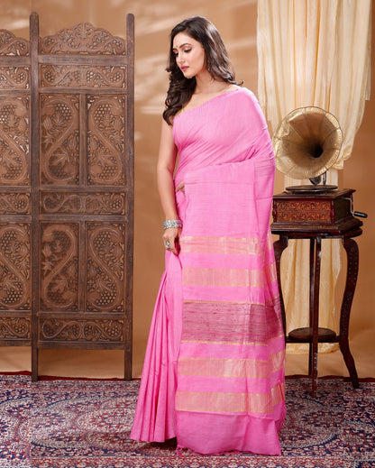 4242-Silkmark Certified Eri Silk with Gichcha Tussar Stripes Hand Dyed pink Saree with Blouse