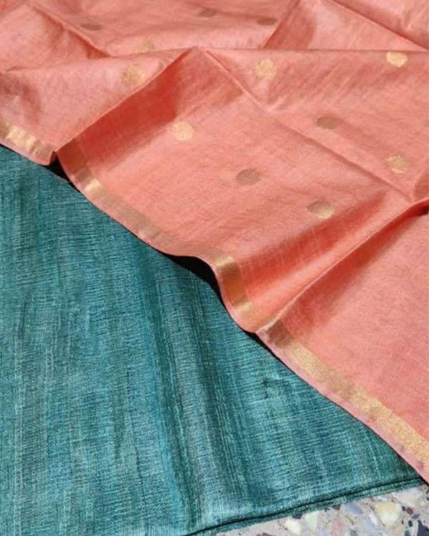 6405-Handloom Pure Katan Silk Orange Dupatta Set with Green Tussar Silk Top (Silkmark Certified)