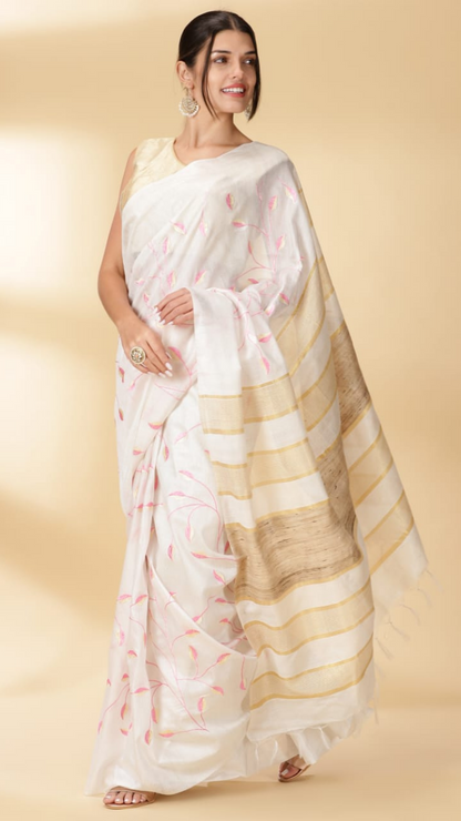 Silkmark Certified Eri Silk Digital Embroidered White Saree with Running Blouse-Indiehaat
