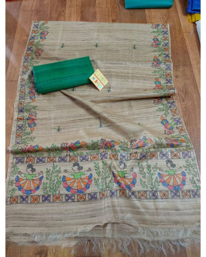 1485-Tussar Silk Madhubani Biege Dupatta and Plain Tussar Silk Green Top (Tussar by Tussar) Silkmark Certified