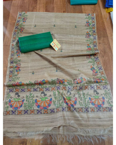 Silkmark Tussar Beige Madhubani Radiant Dupatta & Green Top