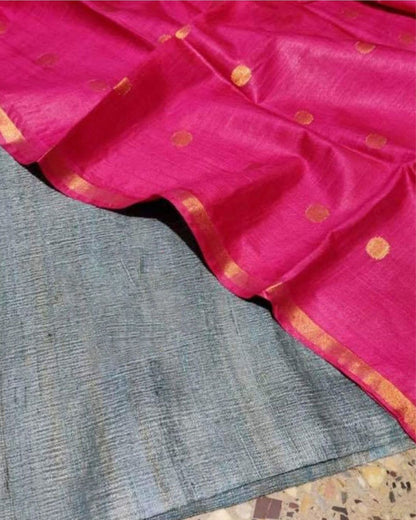 4040-Handloom Pure Katan Silk Pink Dupatta Set with Grey Tussar Silk Top (Silkmark Certified)